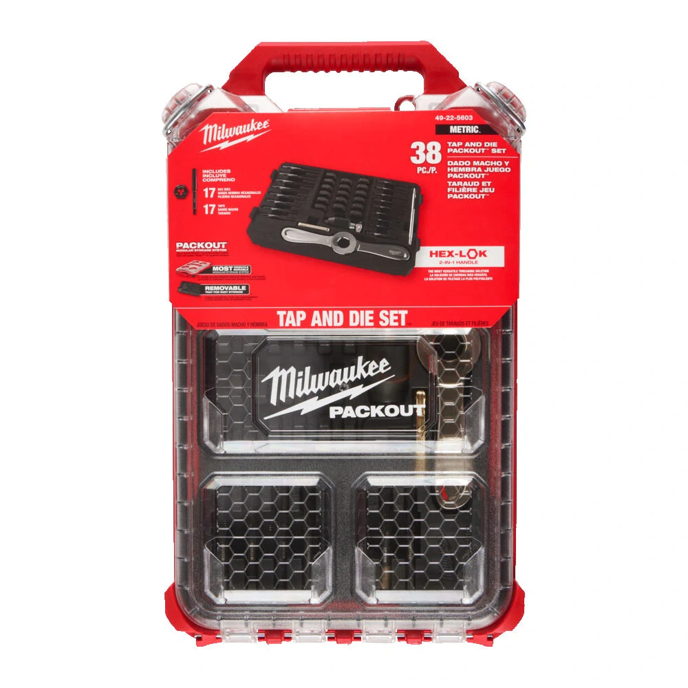 Milwaukee PACKOUT™ 38 kusů sada M závitníků a oček 38 pc Metric Tap & Die Packout™ Set w/ Hex-LOK™ 2-in-1 Handle